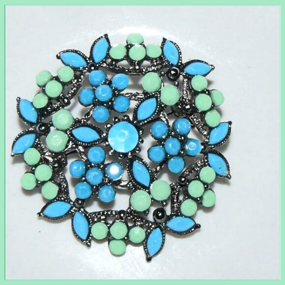 Turquoise Blue and Green Rhinestone Brooch - Picture 2 of 4